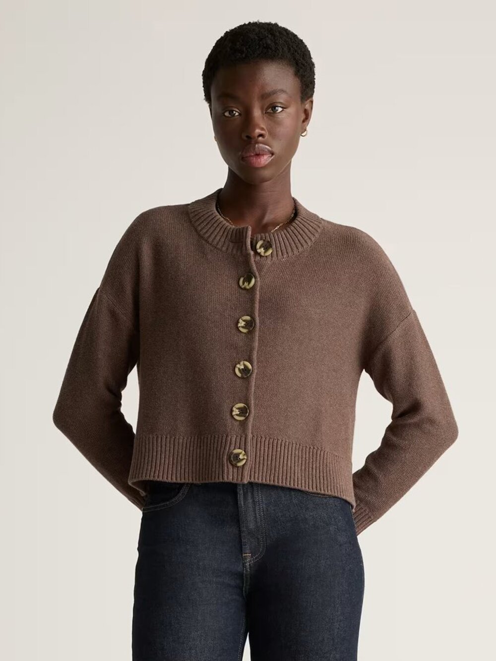 QUINCE 100% Organic Cotton Cropped Cardigan Sweater Heather Brown L